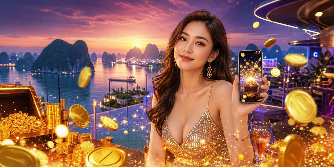 Người dùng sử dụng ứng dụng casino trên vịnh Hạ Long với cảnh quan thiên nhiên ngoạn mục